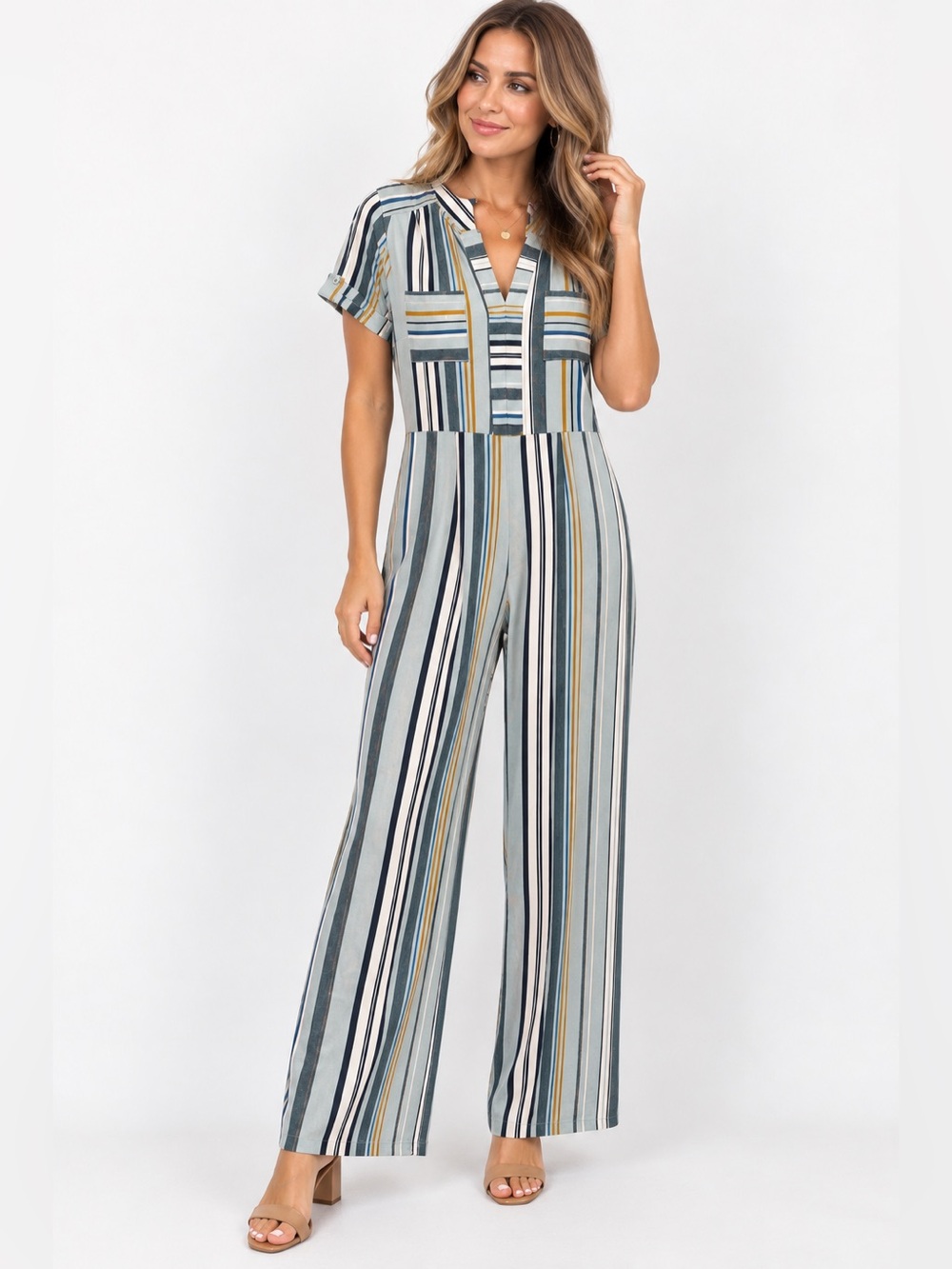 Monteau Striped V-Neck Wide-Leg Jumpsuit in Blue, White & Gold